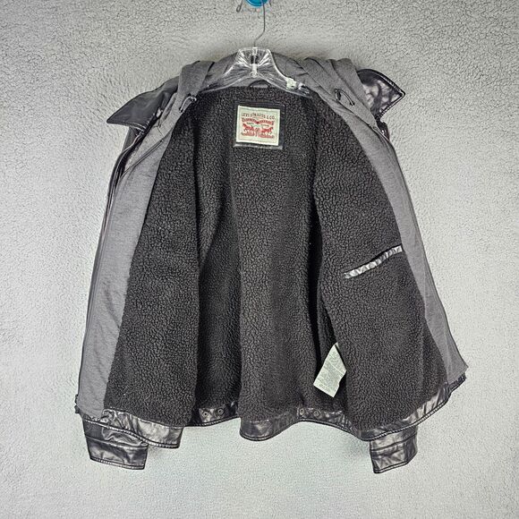 Levis Jacket XL Hooded Faux Leather Brown Sherpa Lined Full Zip Mens Double Zip - Picture 9 of 13